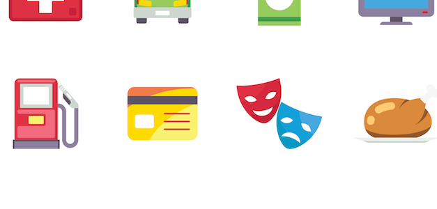 Cartoon icons representing goods and services