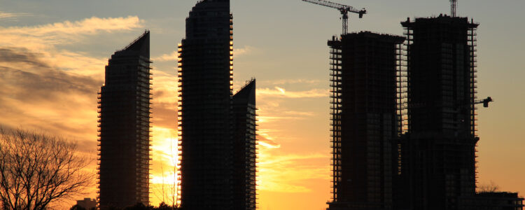 High rise buildings at sunset near Lake Ontario, Toronto, Canada