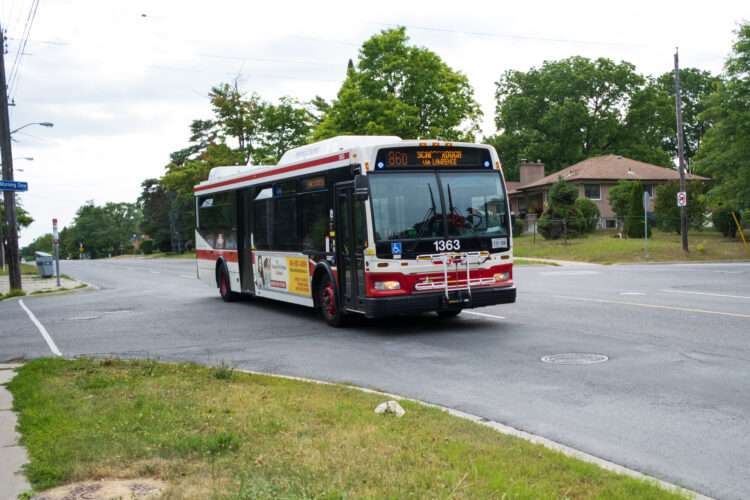 TTC bus on the Lawrence Avenue East route in Scarborough, Toronto.